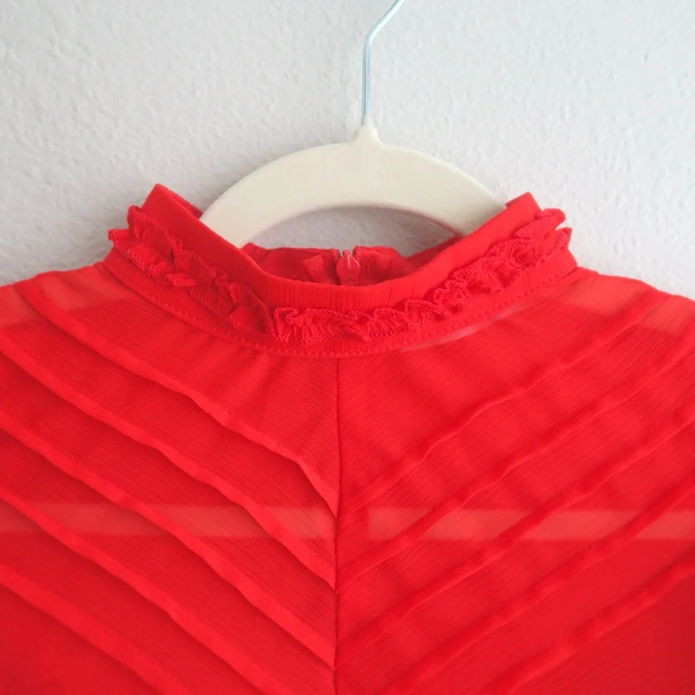 Saints + Secrets Red Ruffle Mini Dress High Neck Flutter Sleeve - Picture 7 of 16